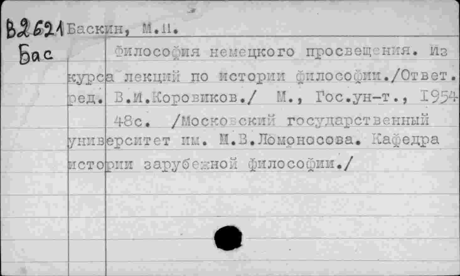 ﻿Баскин, М.11»
Б«с
Философия немецкого просвещения. Из
курса лекций по истории философии./Ответ. ред. В.И.Коровиков./ Гос.ун-т., 1994
48с. /Московский государственный
университет им. М.В.Ломоносова. Кафедра
истории зарубежной философии./